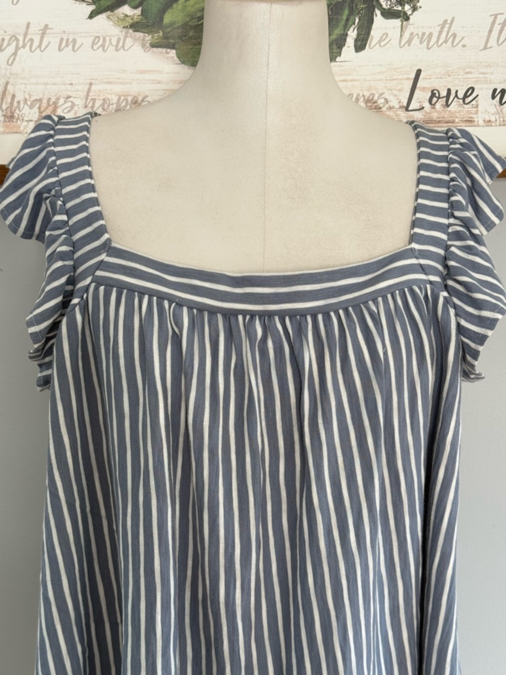2x , 3x. LC Lauren Conrad Blue and White Striped Ruffle Sleeve Tank - Picture 4 of 10